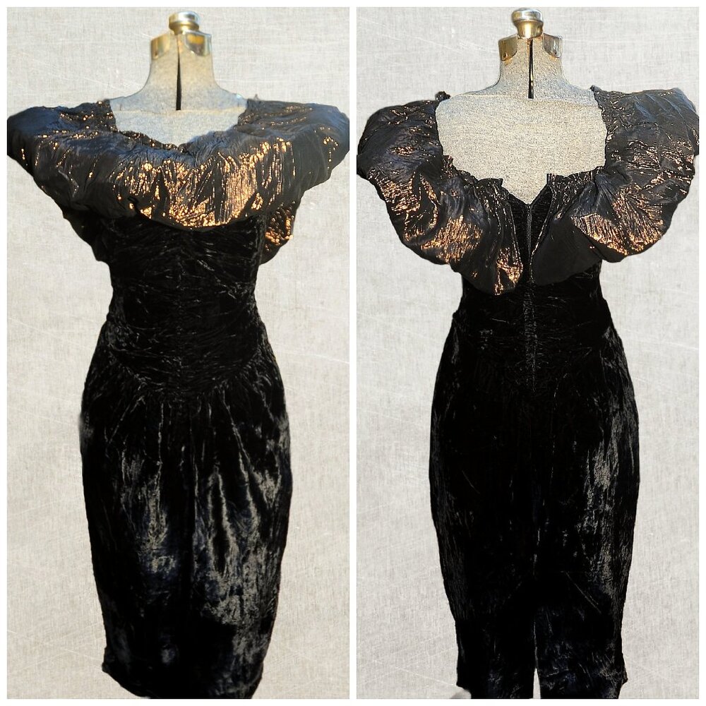 VTG 80s BB Collections Black Velvet Party Dress Copper Metallic Ruffle Collar XS